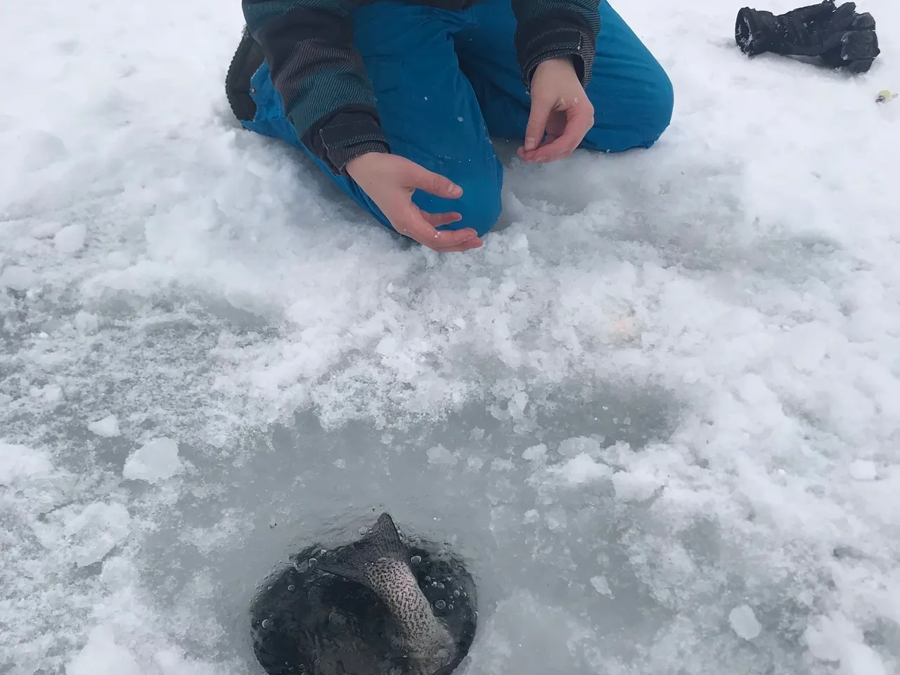 A person sitting in the snow with their hands on their knees.