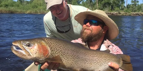 Two men holding a large fish while standing on the water.