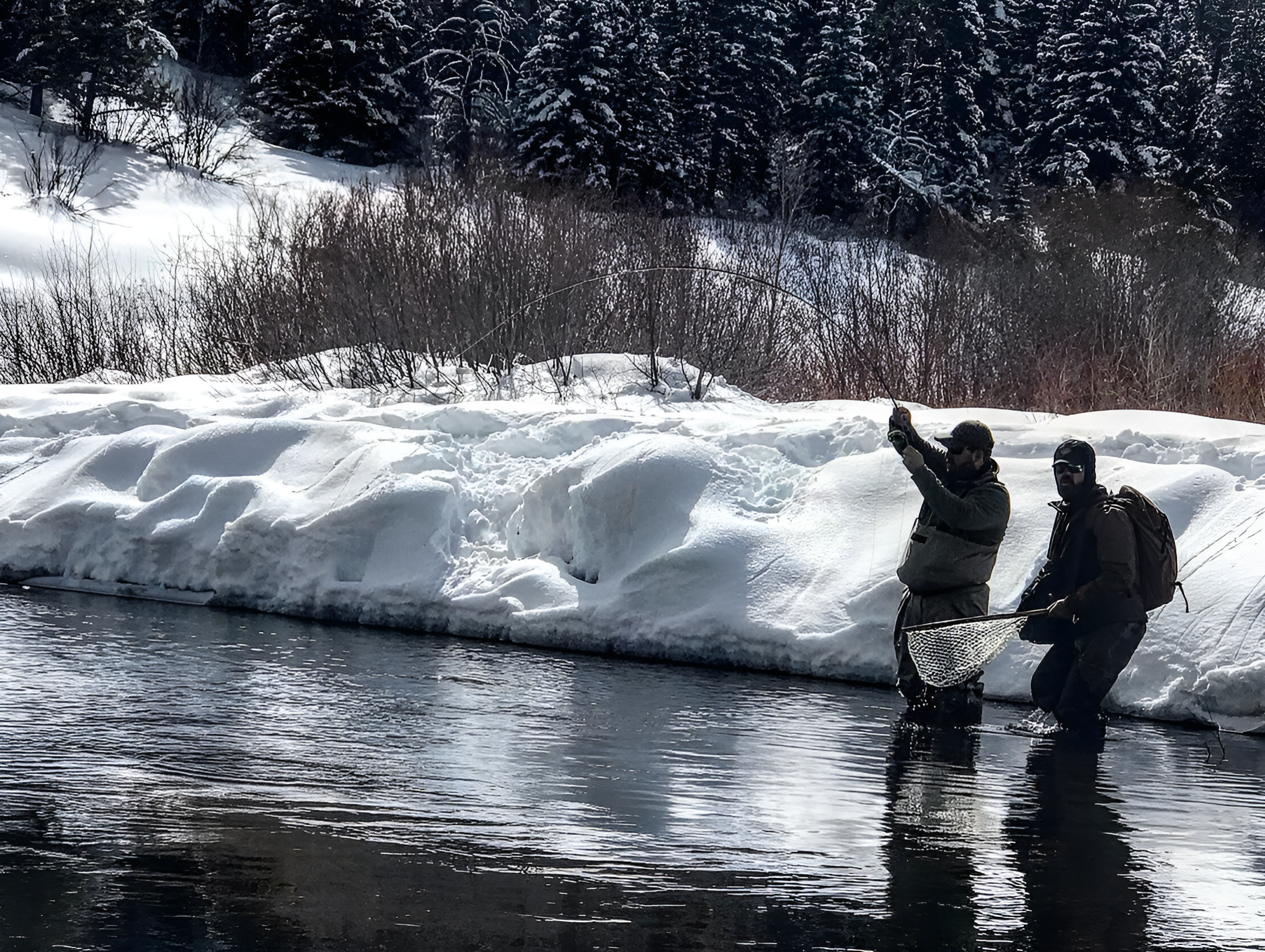 Two people in the water with a fish.