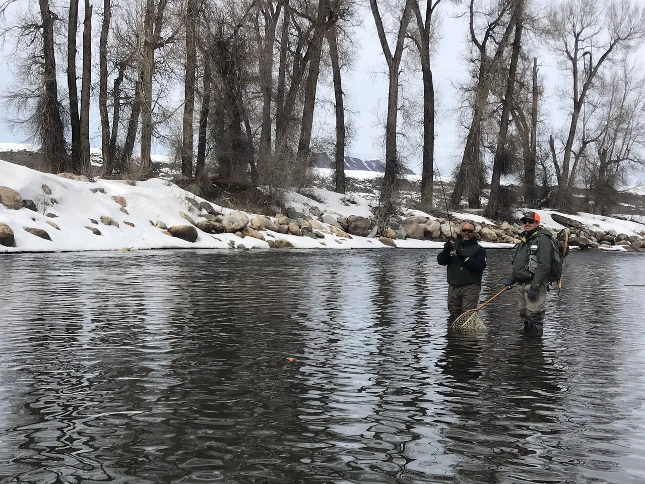 A group of people standing in the water.